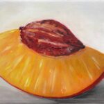 Das Bild zeigt gemalte Pfirsichstück mit Kern