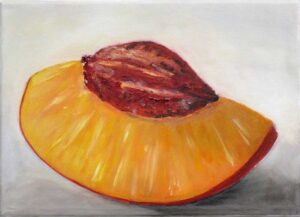 Das Bild zeigt gemalte Pfirsichstück mit Kern